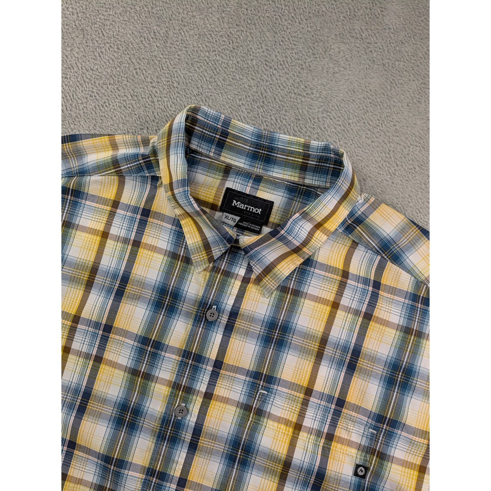 Marmot Mens XL Short Sleeve Plaid Button Down Shirt Yellow Blue SCC-363